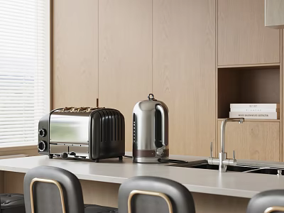 Modern Kitchen Counter With Toaster Kettle And Wooden Cabinets For Home 3d model