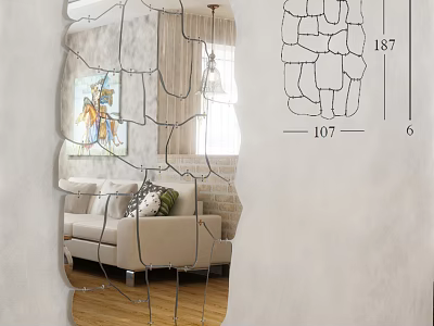 Cracked Design Decorative Mirror Reflecting Living Room Sofa And Artwork With Dimensions 3d model