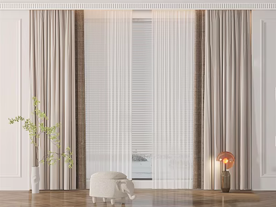 Light Beige Curtains with Sheer Blinds for Window in Modern Interior Design 3d model