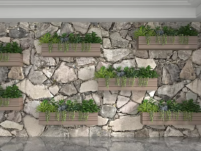Decorative Stone Background Wall With Multiple Wooden Planters And Green Plants 3d model