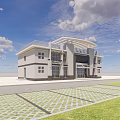 Modern Office Building Featuring White Facade Large Glass Windows Green Lawn And Parked Cars