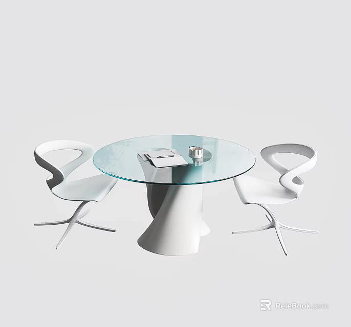Modern Round Glass Dining Table With White Curved Chairs Set Design 3d model 