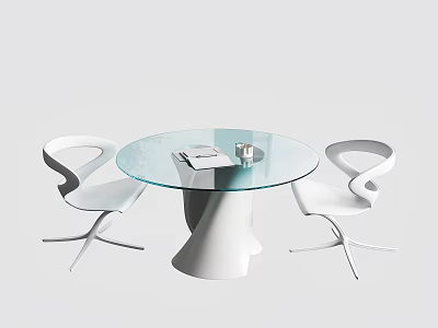Modern Round Glass Dining Table With White Curved Chairs Set Design 3d model