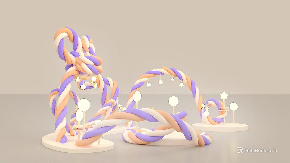 Decorative Art Installation With Orange Purple Braided Ropes White Stars Round Lights And White Base 3d model 