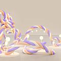Decorative Art Installation With Orange Purple Braided Ropes White Stars Round Lights And White Base
