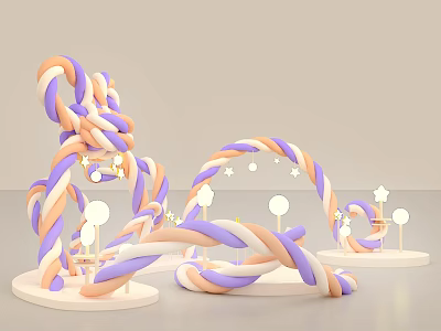 Decorative Art Installation With Orange Purple Braided Ropes White Stars Round Lights And White Base 3d model