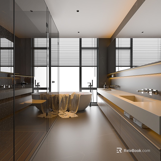 Modern Bathroom Interior With Large Windows Mirrors Freestanding Bathtub And Vanity Sink 3d model 