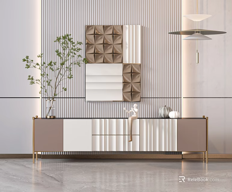 Elegant Modern TV Stand With Gold Frame White Brown Panels And Decorative Wall Art 3d model 