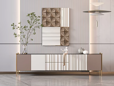 Elegant Modern TV Stand With Gold Frame White Brown Panels And Decorative Wall Art 3d model