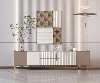Elegant Modern TV Stand With Gold Frame White Brown Panels And Decorative Wall Art 3d model