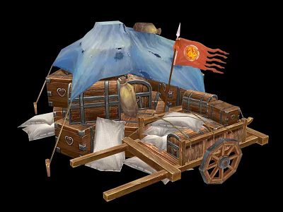 Medieval Wooden Caravan With Blue Canopy Red Flag Chests And White Sacks 3d model