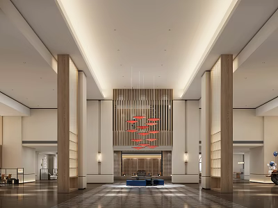 Modern Spacious Hotel Lobby with Wooden Columns Hanging Lights and Reception Desk 3d model