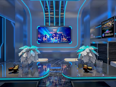 Modern KTV Lounge Interior With Neon Lights And Large Screen 3d model
