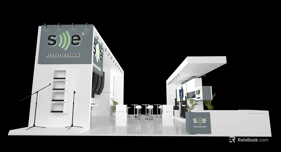Modern Exhibition Booth Design For s|e Audio Technik With Display Areas And Tables 3d model 