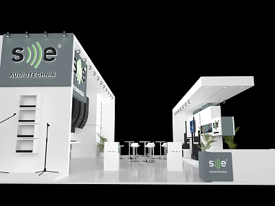 Modern Exhibition Booth Design For s|e Audio Technik With Display Areas And Tables 3d model