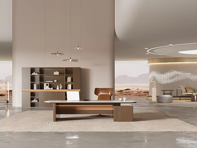 Modern Furniture Showroom Interior With Wooden Bookshelf Leather Chair And Hanging Lights 3d model