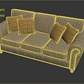 Beige Three Seat Sofa with Orange Geometric Pattern Cushions Nailhead Trim and Wooden Legs