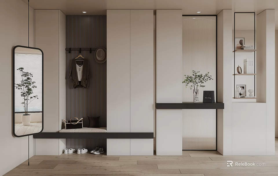 Modern Shoe Cabinet in Entryway with Bench Clothing Rack and Potted Plant 3d model 