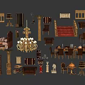 Vintage Home Furniture Collection Including Cabinets Tables Chairs Bed Chandelier Fireplace And Decorative Items