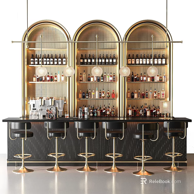 Elegant Modern Bar Interior With Arched Wine Racks Pendant Lights And Black Bar Stools 3d model 