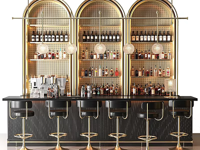 Elegant Modern Bar Interior With Arched Wine Racks Pendant Lights And Black Bar Stools 3d model
