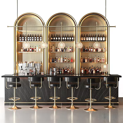 Elegant Modern Bar Interior With Arched Wine Racks Pendant Lights And Black Bar Stools 3d model