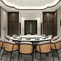 Elegant Private Dining Room With Round Table Chairs And City View Through Windows 3d model