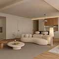 Modern Minimalist Living Dining Room Interior With Curved Sofa Round Coffee Table And Wooden Cabinets 3d model