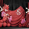 Elegant Wedding Decor With Red Drapery Black Background And Floral Arrangements 3d model