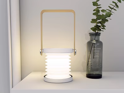 Modern Table Lamp With Spiral Shade Wooden Handle Metal Base On White Shelf Green Plant 3d model