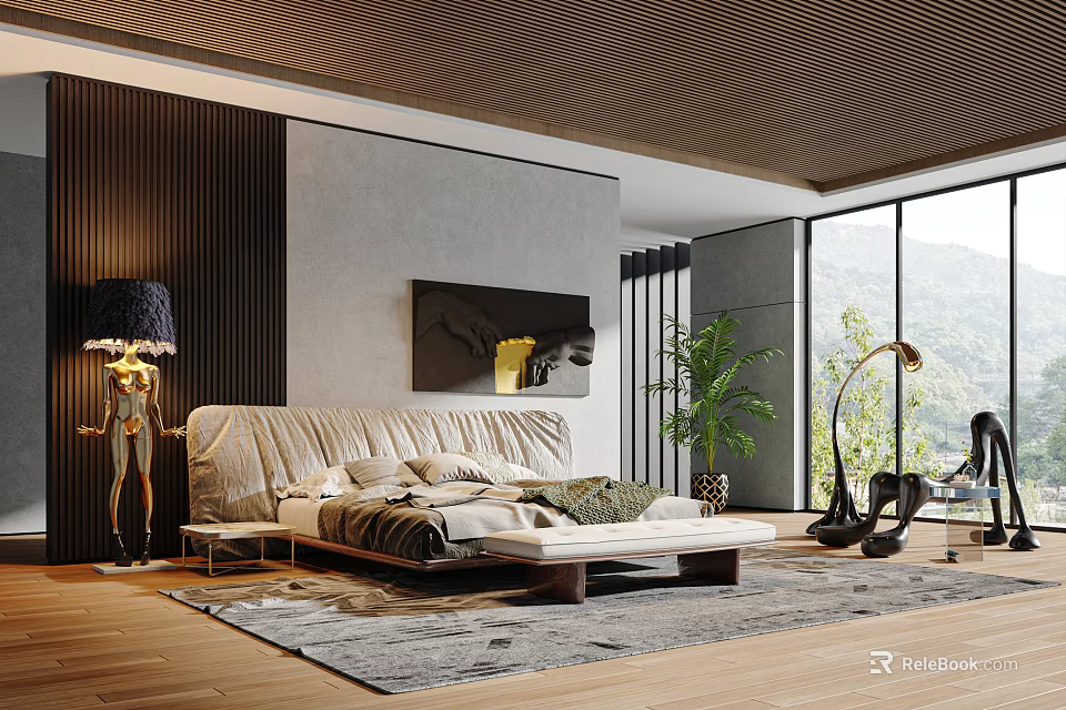 Elegant Modern Bedroom Interior With Bed Decorative Painting Floor Lamp Plant And Large Window 3d model 