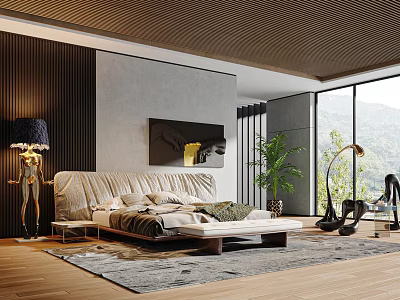 Elegant Modern Bedroom Interior With Bed Decorative Painting Floor Lamp Plant And Large Window 3d model