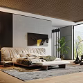 Elegant Modern Bedroom Interior With Bed Decorative Painting Floor Lamp Plant And Large Window