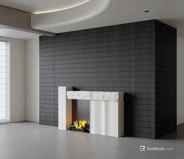 Modern White Fireplace With Black Vertical Striped Wall And Flames In Minimalist Interior 3d model 
