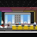 Vibrant Modern Exhibition Booth With Colorful Panels Display Shelves And Reception Counter