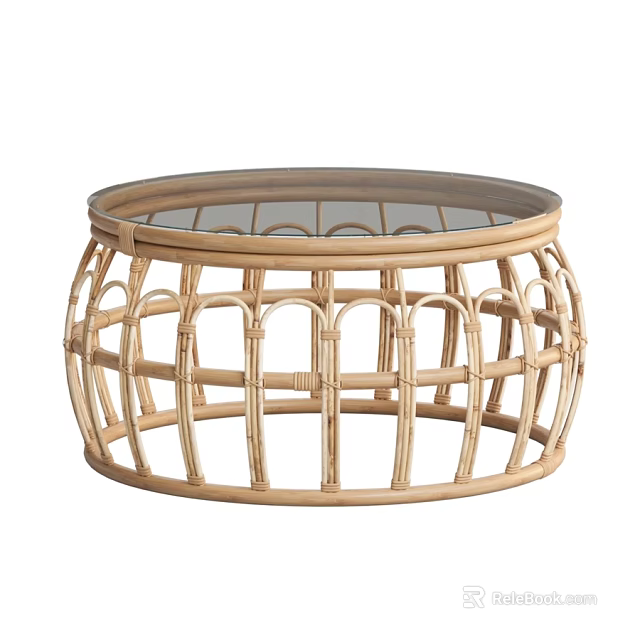 Natural Handwoven Rattan Round Dining Table With Clear Glass Top For Casual Home Living Room 3d model 
