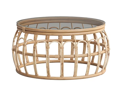 Natural Handwoven Rattan Round Dining Table With Clear Glass Top For Casual Home Living Room 3d model