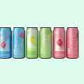 Six Different Colorful Canned Beverages in Blue Green Pink Hues with Patterned Labels