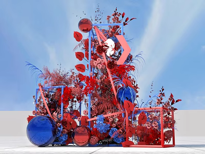 Floral Art Installation With Red Frames Red Blue Spheres Red Leaves And Flowers 3d model