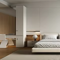 Modern Minimalist Bedroom With White Bed Wooden Accents And Floor To Ceiling Windows