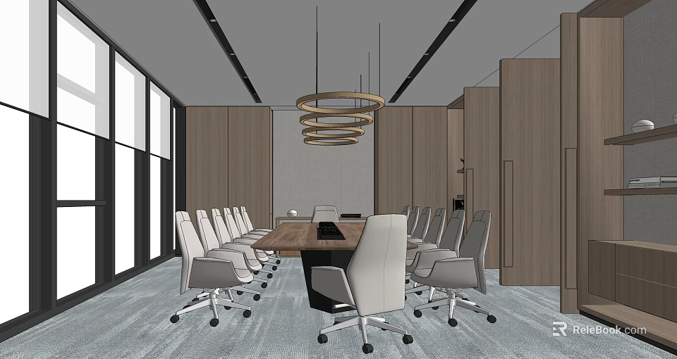 Modern Conference Room With Long Table White Chairs Circular Pendant Lights And Wooden Walls 3d model 
