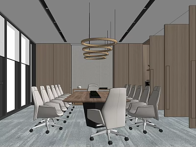 Modern Conference Room With Long Table White Chairs Circular Pendant Lights And Wooden Walls 3d model