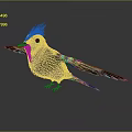 Crested Purple Bird with Yellow and Green Feathers Outstretched Wings on Reflective Surface