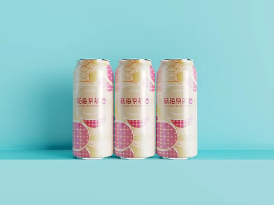 Three Cans Of Yangzhi Ganlu Flavored Drink With Decorative Patterns On Light Blue Background 3d model