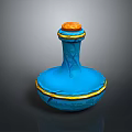 Decorative Blue Glass Bottle With Orange Lid And Golden Trim For Home Use