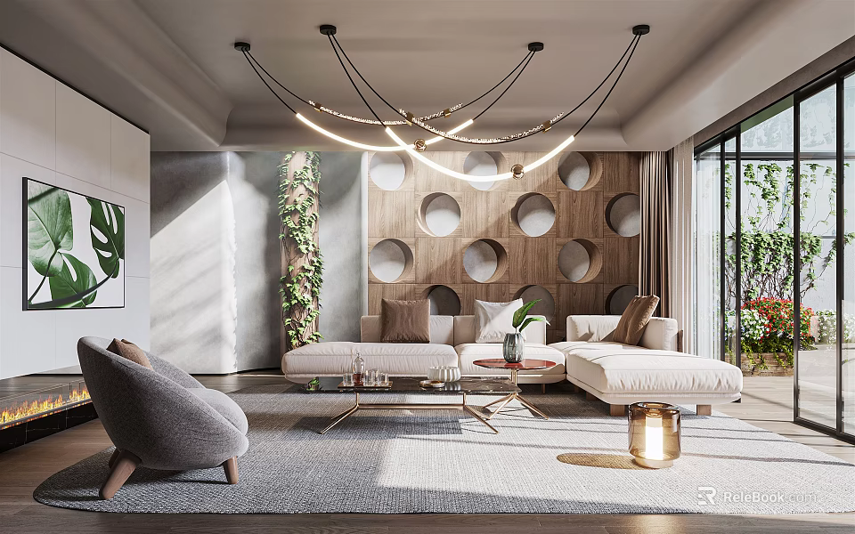 Modern Living Room Interior With Unique Chandelier Wooden Decorative Wall Sofa Set And Area Rug 3d model 