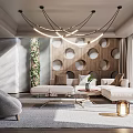 Modern Living Room Interior With Unique Chandelier Wooden Decorative Wall Sofa Set And Area Rug