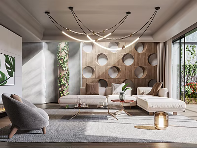 Modern Living Room Interior With Unique Chandelier Wooden Decorative Wall Sofa Set And Area Rug 3d model