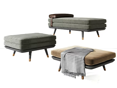 Stylish Fabric Ottomans In Gray And Brown With Wooden Legs And Plaid Blanket 3d model