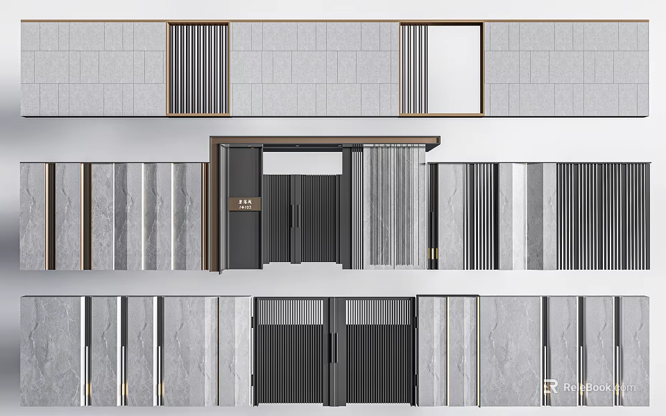 Modern Architectural Facade With Gray Stone Walls Black Doors And Slatted Panels 3d model 